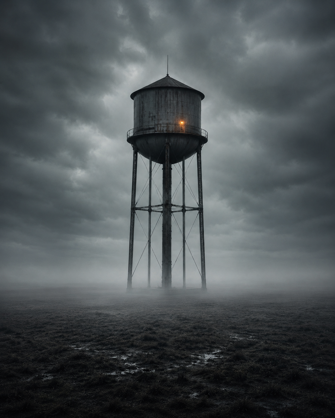 Einsamer Wasserturm in nebliger Landschaft aus der Serie Silent Structures